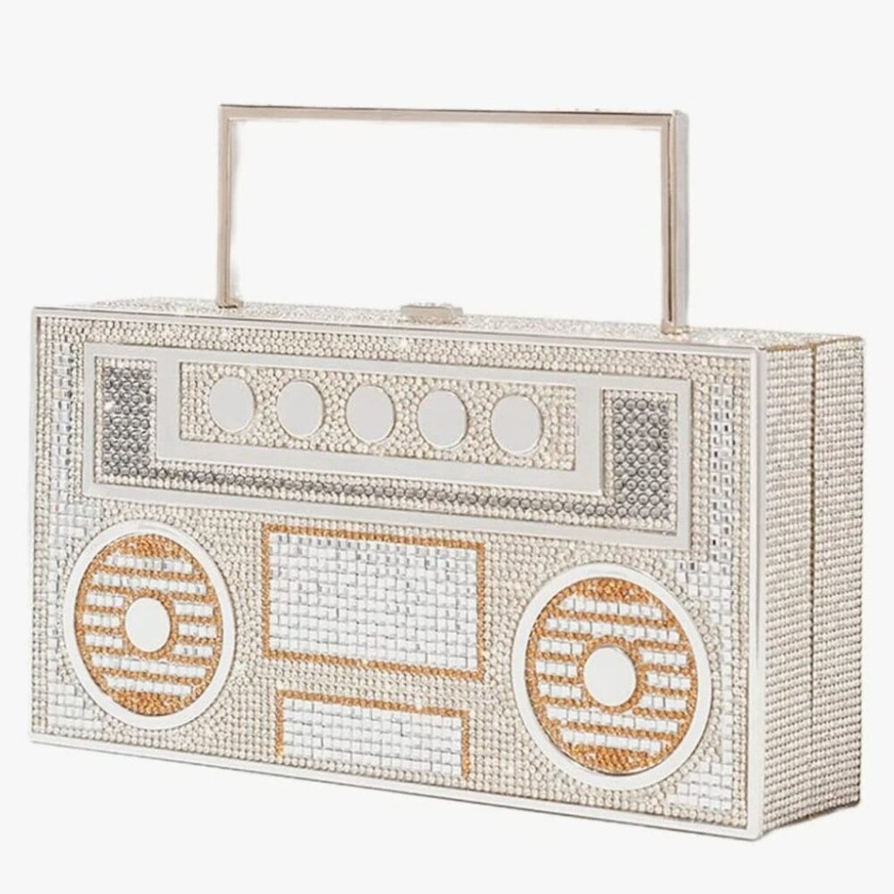 Rhinestone Boombox Radio Handbag  (Crossbody Option) (White)